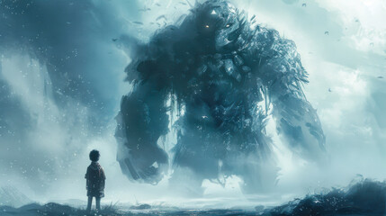 Obraz premium Boy confronting giant ice creature in winter landscape