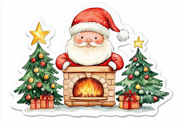 Obraz premium sticker style watercolor cute Santa Claus and Christmas tree and fireplace