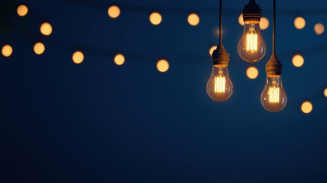 Elegant hanging light bulbs illuminating a dark blue background, creating a warm and cozy atmosphere for various settings.