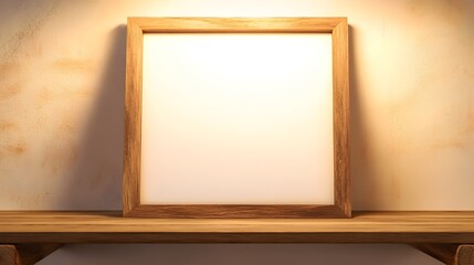 Blank Wooden Frame on Rustic Wooden Shelf with Soft Neutral Lighting