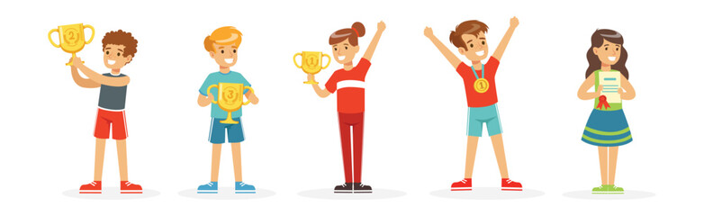 Happy Boy and Girl Winner with Golden Cup and Medal Award Vector Set