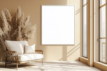 Poster Frame in Beige minimalist living room interior created with generative AI