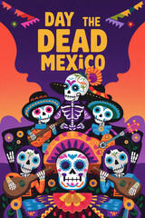 Fototapeta premium A cinematic, vintage-style Day of the Dead illustration set in Mexico. The illustration is conceptual and could be used as a poster.