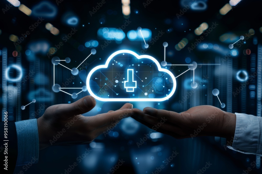 Poster two hands holding a glowing cloud icon with a lock symbol, representing cloud computing security.