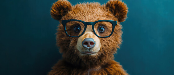 Fototapeta premium A bear wearing glasses, blue background.