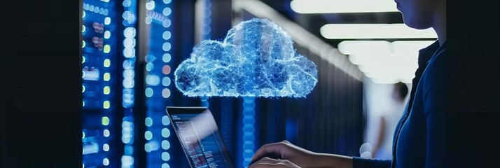 IT Specialist Using Laptop, Holographic Cloud Above Server Rack, Data Center Innovation