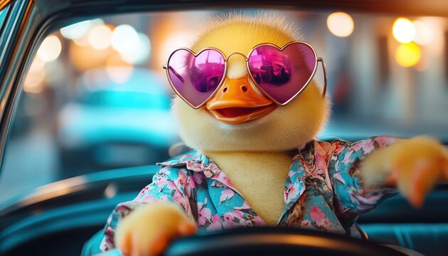 Fototapeta Duck in heartshaped sunglasses and a floral shirt, confidently driving a vintage car in the city