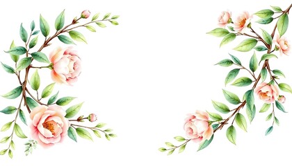 Obraz premium Pink roses, green leaves, and small white flowers arranged in a border frame around a blank white background