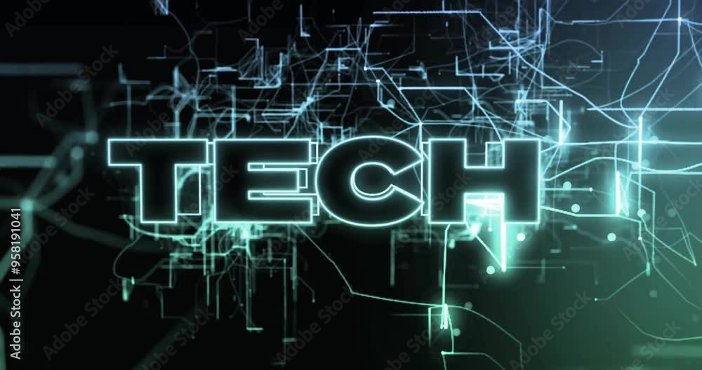 Poster tech text with glowing lines and circuits, futuristic digital animation