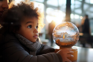 Curious child holding snow globe with illuminated cityscape