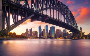 Sydney Harbour Bridge with City Skyline Sunrise Background