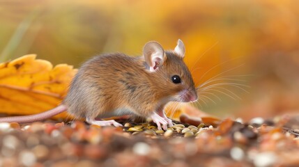 Field mice gathering seeds in an autumn meadow, tiny and busy, Autumn animals, field mice activity