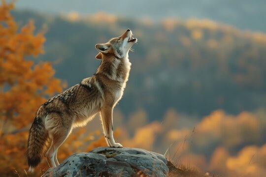 Coyotes howling at the moon in an autumn landscape, wild and atmospheric, Autumn animals, coyote howl