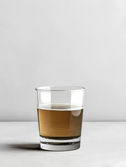 A transparent glass filled with brown liquid placed on a plain white background, evoking themes of simplicity, clarity, and daily life essentials like beverages.