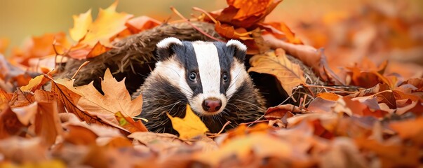 Badger emerging from its den surrounded by autumn foliage, cautious and natural, Autumn animals, badger in autumn