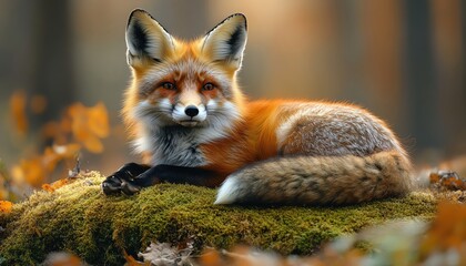 Obraz premium Red fox resting on a mossy log, forest background, natural light, relaxed pose, serene atmosphere