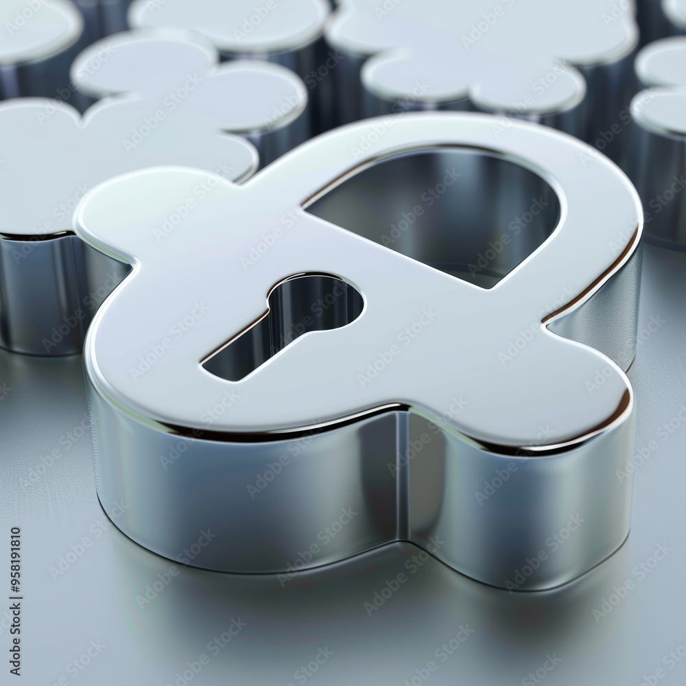 Poster chrome padlock icon on a metallic gray background symbolizing online security and data encryption.