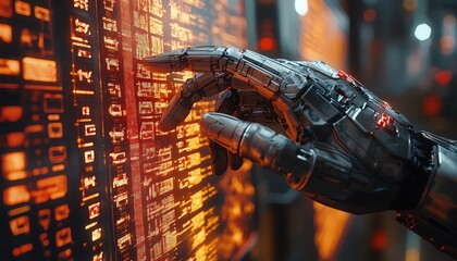 Robotic hand analyzing financial data on a holographic screen, futuristic setting, soft focus