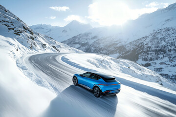 Blue electric car on winding snowy road, luxury auto