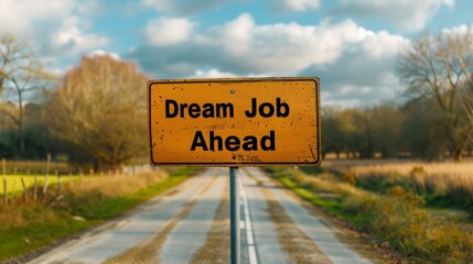 A sign on a road that says "dream job ahead"