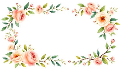 Obraz premium Pink roses, green leaves, and small white flowers arranged in a border frame around a blank white background