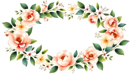 Pink roses, green leaves, and small white flowers arranged in a border frame around a blank white background