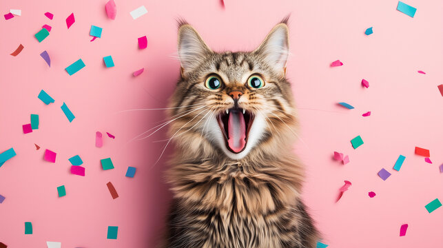 very surprised excitement cat with open mouth and confetti , greeting card party