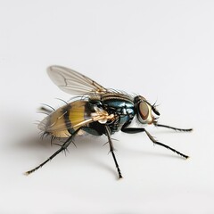 Fototapeta premium A detailed close up of a fly posing on a plain white background 
