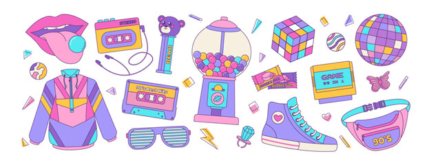 Set of colorful elements 80s 90s, retro badge, emblem, fashionable patch. Disco ball, sunglasses and bubble gum, cassette. Vector illustration.