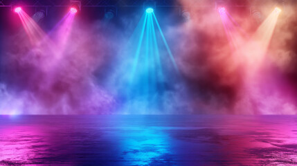 Colorful stage lights illuminating smoky background on reflective floor