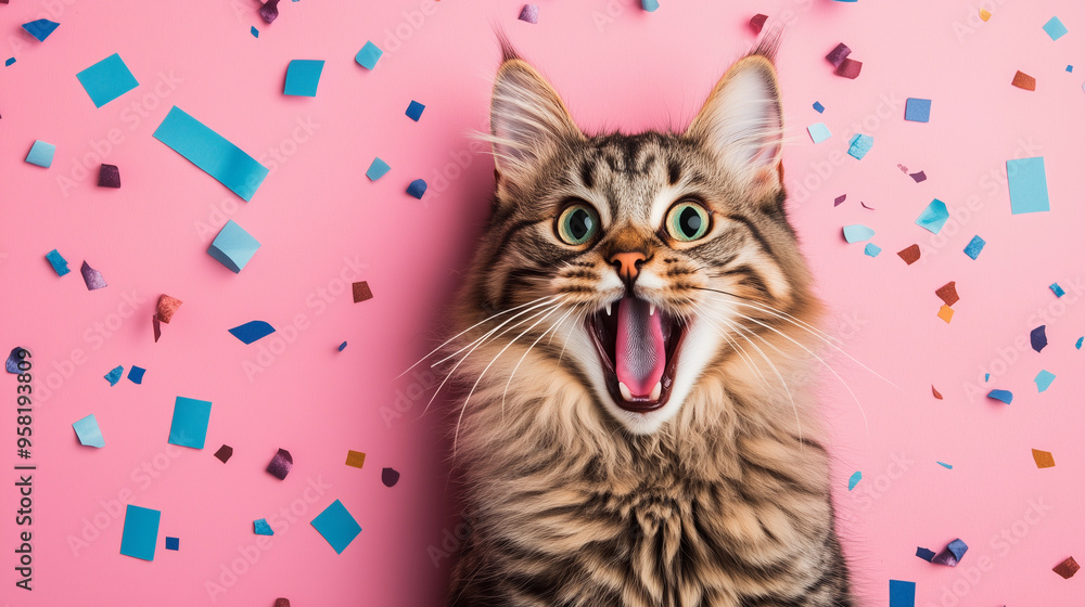 Wall mural very surprised excitement cat with open mouth and confetti , greeting card party