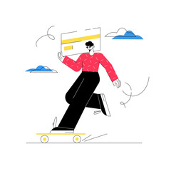 Male character skateboarding while holding a credit card symbolizing online payments in minimalist illustration style