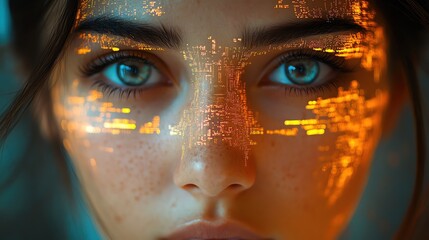 Womans face overlaid with digital code, bokeh lights, futuristic and cyberthemed