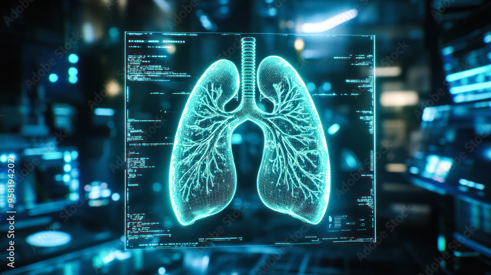 Poster 3d digital rendering of lungs in high-tech environment.