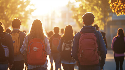 A vibrant group of high school students walking towards their school, surrounded by the soft glow of morning sunlight. Their backpacks are filled with essentials for the day ahead, and their animated