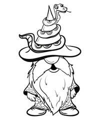 Halloween gnome at funny hat. Hand draw illustration for sublimation t-shirt, pillow, mug. line art illustration, black and white sketch. Print for poster, postcard, notebooks, color book for kids