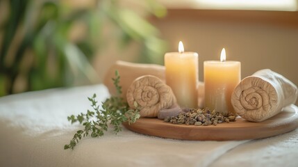 Relaxing spa setting with candles, towels, and herbs arranged on a wooden tray in a serene environment with natural light
