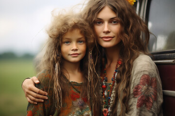 Fototapeta premium AI generated image of happy mother and kid enjoying day together