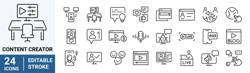 Set Content Creator line web icons, media. Linear icon collection. Editable stroke. Vector illustration