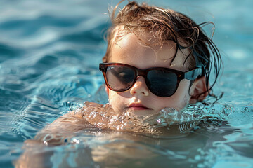 Fototapeta premium Funny children kids playing at the beach seaside poolside aquapark summer leisure weekend time, Generative AI