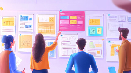 A vibrant collection of colorful website wireframes pinned neatly on a wall, each showcasing different design elements and layouts. The scene is set in a collaborative workspace where team members
