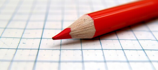 Close Up View of Sharpened Red Pencil Tip on White Graph Paper, Creativity and Design Work