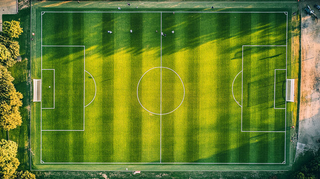 Aerial view of a vibrant green soccer field with crisp white lines, captured from directly overhead by a drone. The field is mostly empty, with just a few players training in the distance