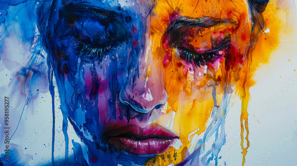 Wall mural woman's face with blue and orange paint splashes in digital art