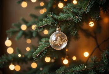 A close-up shot of a Christmas tree branch with a sparkling ornament hanging from it. The camera angle is tight and focused on the ornament, with a slight bokeh effect blurring the lights in the backg