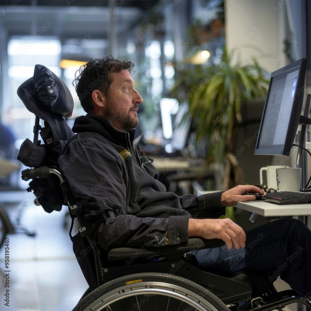 Poster A man in a wheelchair is sitting in front of a computer