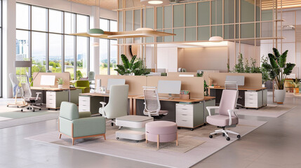 Fototapeta premium The Beti office furniture system, viewed from a bird's-eye perspective, features muted and subtle tones. 