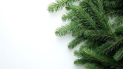 Obraz premium Minimalist Green Branches on White Background: Simple green Christmas tree branches against a clean white background, ideal for a modern holiday design.