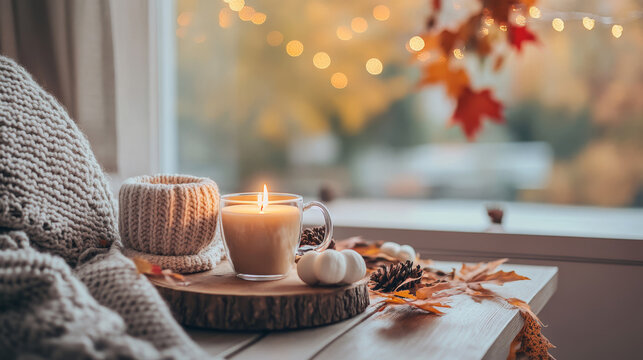 A cozy home scene with a sweater, a burning candle, and a warm cup of tea. Autumn decorations add to the inviting atmosphere. Perfect for Thanksgiving, Halloween, or any cozy fall or winter day.