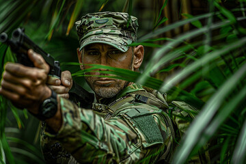 Obraz premium Generated with AI close up photo of soldier in full combat gear camouflage
